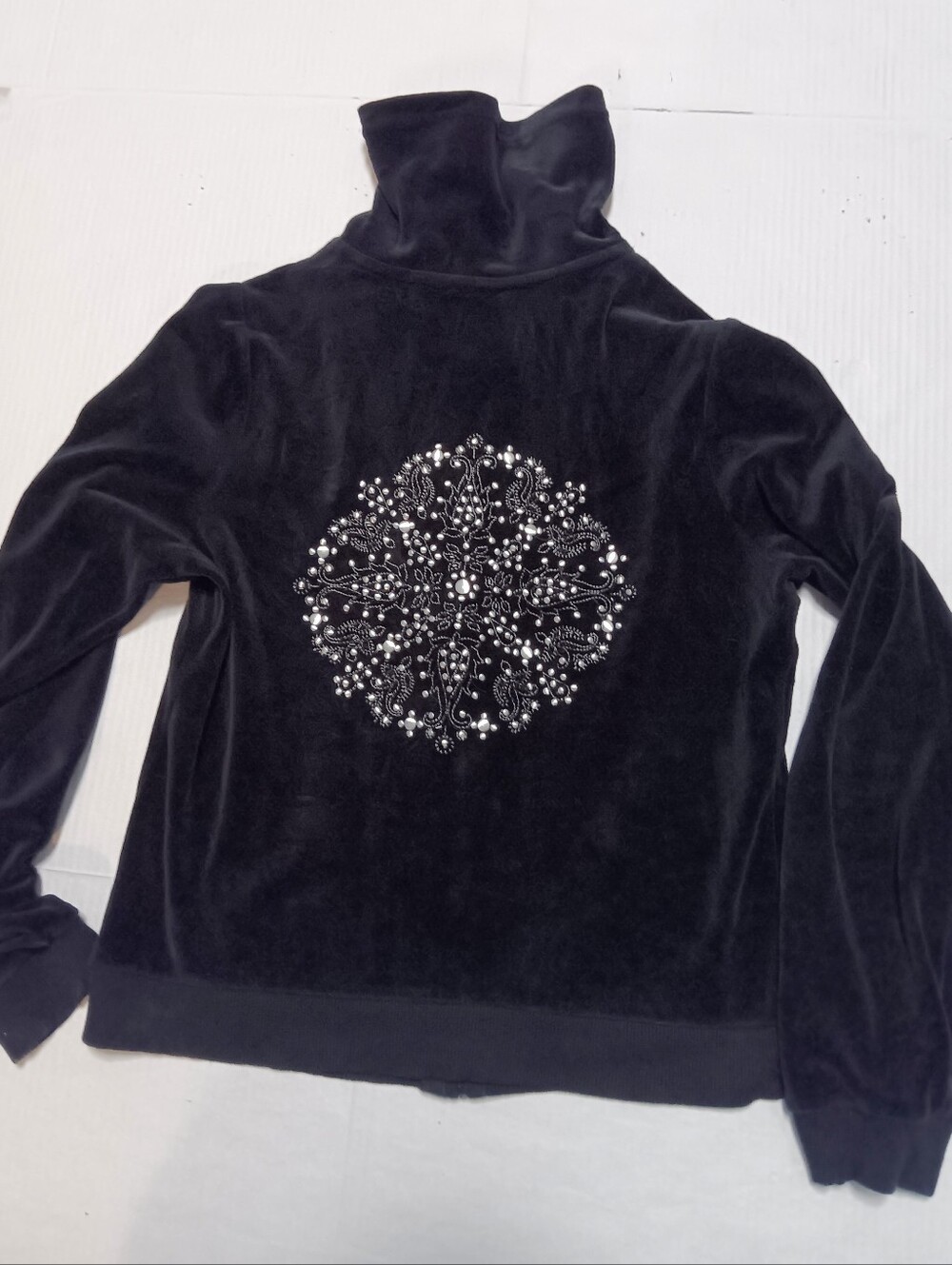 Cynthia Rowley black cotton-rich velour zip-up jacket with bead embellishment, L